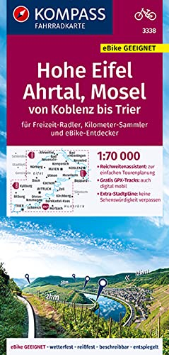 KOMPASS Fahrradkarte 3338 Hohe Eifel, Ahrtal, Mosel, von Koblenz bis Trier 1:70.000: reiß- und wetterfest mit Extra Stadtplänen