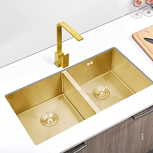 Fregadero Bajo Encimera Fregadero De Acero Inoxidable Dorado Fregadero De Cocina con Grifo Fregaderos Grandes Fregadero De Dos Senos Incl Accesorios (S : 75x40x21cm)