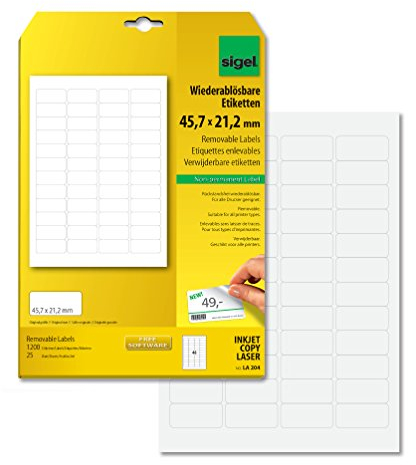 SIGEL LA204 Etiketten selbstklebend, bedruckbar, wieder rückstandsfrei ablösbar, weiß, 45,7 x 21,2 mm, 1200 Etiketten = 25 Blatt, abgerundet