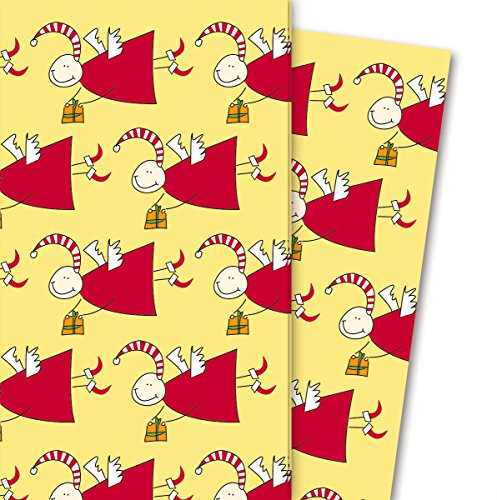 Lustiges Weihnachtspapier/Geschenkpapier mit vielen Engeln, gelb (4 Bögen, 32 x 48 cm) Dekorpapier, Papier zum Einpacken, für tolle Geschenk Verpackung und Überraschungen