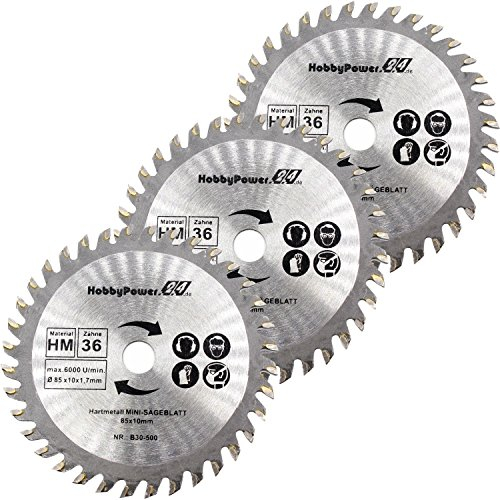 Lot de 3 lames de scie HM pour bois ø 85 x 10 mm 36 dents adaptées à scie circulaire de table Proxxon