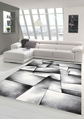 Teppich-Traum Designer Teppich Moderner Wohnzimmer Kurzflor Mit Konturenschnitt Karo Muster Grau Schwarz Weiss Größe 60x110 cm