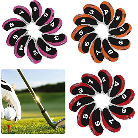 Fundas de Hierros de,10Pcs Cubiertas de Club de Funda reemplazo para Cabeza de Hierro de Club de Neopreno Set de Putter de Funda Protectora Impermeable(Noir Rouge + numéro...)