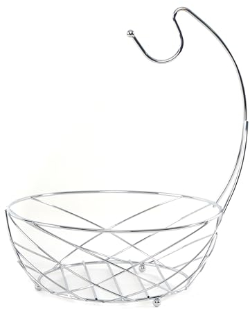 DESIGN DELIGHTS PRAKTISCHER METALL OBSTKORB FRESH | Ø 25 cm, verchromt, mit Bananenaufhänger | Früchtekorb, Metall Brotkorb, Obsthalter