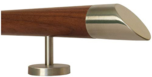 Nussbaum Geländer Handlauf Treppe Holz Griff gerade Edelstahlhalter, Länge 30-500 cm aus einem Stück/zum Beispiel Länge 420 cm mit 5 gerade Halter - Enden =schräges Edelstahlendstück