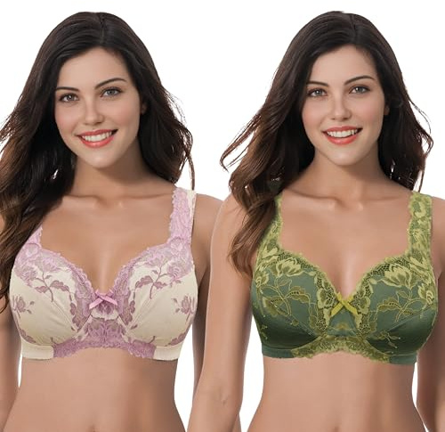 Curve Muse Women's Plus Size Minimizer Unlined Wirefree Lace Full Coverage Bras-2Pack-Deep Lichen Green, Nude-38DDD (EU:85F)