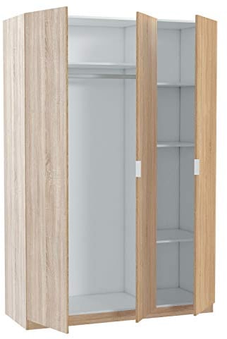 Habitdesign Armario Ropero 3 Puertas y 4 Cajones, 200x135x52 (AltoxAnchoxFondo - en cm), Armario Alto Dormitorio, Color Roble Canadian