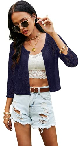 Ietaoo Boléro Femme Dentelle Cardigan Court avec Bouton Manches 3/4 Elégant Veste Boléro Gilet pour Été Printemps Automne