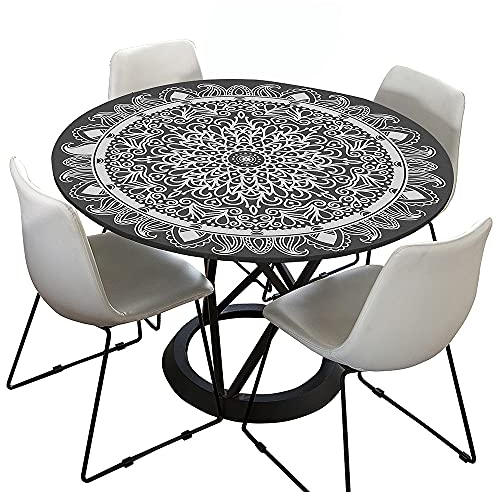 Chickw1 Tischdecke Runde Elastische Kante Wasserdicht Abwaschbar Retro Mandala Stil Tischschoner, Tischtuch aus Polyester für Küche, Esszimmer, Garten, Balkon (Weiße Sonne,120cm)