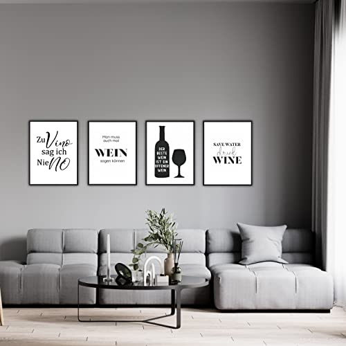 4 Stück Sprüche Poster - Zu Vino sag ich nie no - Perfekte Geschenkidee für Weinliebhaber - Plakat Spruch lustiges Wein Geschenk Wine Sprüche Typografie schwarz weiß Küche Wohnzimmer Deko