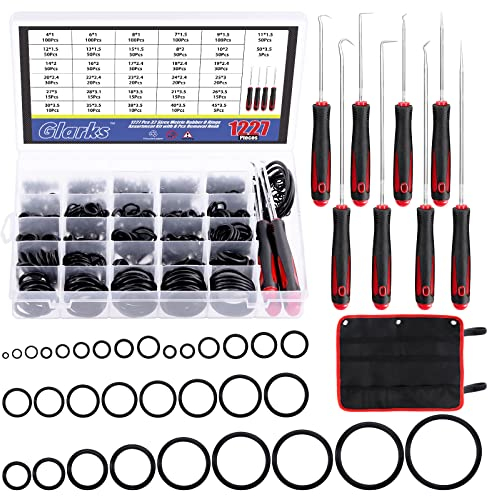 Glarks 1234Pcs 32 Sizes Metric O-Rings Assortment Kit Including 1225Pcs Nitrile NBR Rubber Washer,8Pcs Long and Short Hooks and 1pc Tool Bag for Plumbing, Gas, Automotive and Faucet Repair