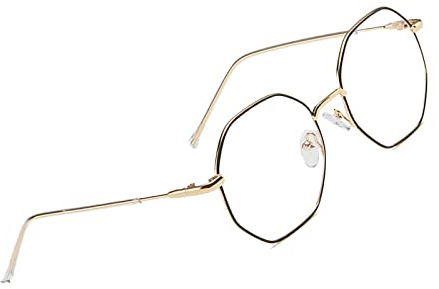 Klassische Retro Blaulichtfilter Brille, Polygon Brille Ohne Stärke Damen und Herren, Mode Fake Brille für Anti Blaulicht von Computer mit Metall Brille Beine (Black Gold)