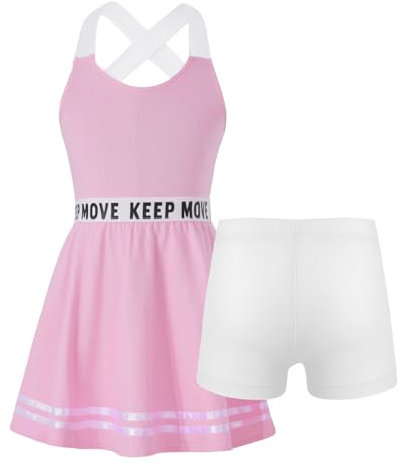 dPois Robe de Sport Fille Enfant Jupe Basique Patineuse Elastique Court Robe Tennis Golf Entraînement Robe d'Été Manches Courtes Plage Vacances 3-16 Ans D Rose 11-12 Ans