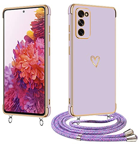 E-Lush Handyhülle für Samsung Galaxy S20 FE Hülle mit Band, Herz Love Muster Galvanik Silikon Handy Hülle für Samsung S20 FE Schutzhülle mit Kordel zum Umhängen Kameraschutz Stoßfeste Case, Lila