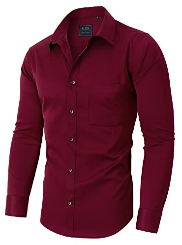 siliteelon Burgundy Shirt Mens Fashion Stretch Dress Long Sleeve Shirts