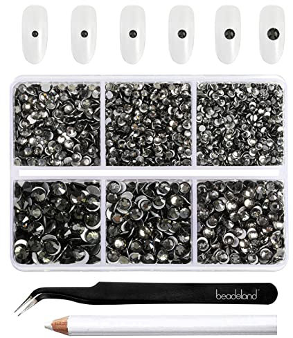 Beadsland 4300pcs Flatback Nail Rhinestones,Gray Round Crystal Rhinestones Gems for Crafts,Mixed 6 Sizes with Picking Tweezers and Wax Pencil Kit, SS6-SS20,Black Diamond
