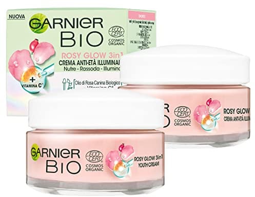 Garnier Bio Rosy Glow 3in1 Crema Anti-Età per Viso con Olio di Rosa Canina Biologico e Vitamina C ad Azione Nutriente Rassodante Illuminante Formula Vegana per Pelli Spente - 2 Barattoli da 50ml