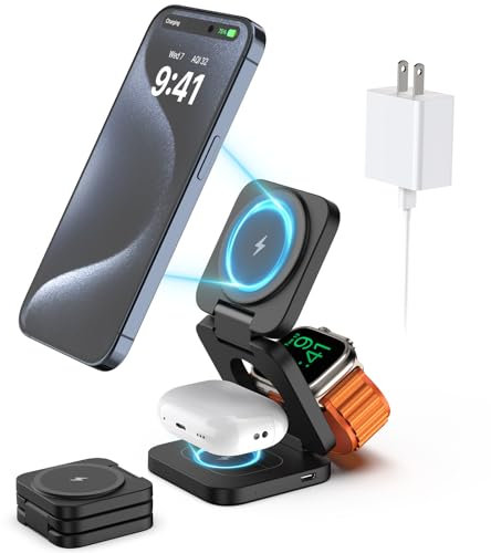 KU XIU Foldable 3 in 1 Charging Station for Apple, Fast Magnetic Wireless Charger Compatible with iPhone 15 14 13 12 Pro/Max/Plus, 5W for Apple Watch 9/8/7/6/5/4/3/2/SE/Ultra 2, AirPods 3/2/Pro-Black
