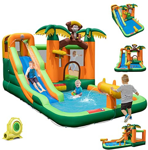 COSTWAY Château Gonflable Tropical à Thème Singe & Palmier avec Toboggan Aquatique, Maison de Saut Gonflable avec Piscine & 50 Boules, Charge 90kg pour 2 Enfants de 3-10 Ans(avec souffleur 680W…