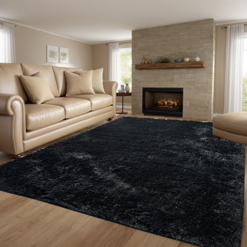 QUINZI Teppich 160x230 Wohnzimmer Schlafzimmer weicher zotteliger Teppich moderner Flauschiger Teppiche Rutschfester waschbarer (Schwarz)