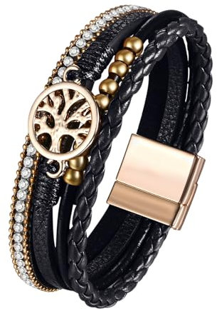 JewelryWe Bracelet Femme Cuir Multirang: Bracelet Arbre de Vie Femme Fantaisie avec Loquet Magnétique Style Bohème - Cadeau Femme Anniversaire St Valentin