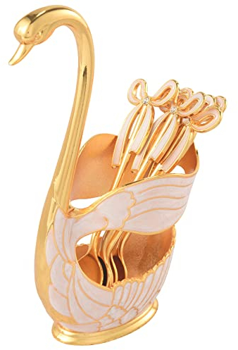 Retibfds Dinnerware Set,Zinc Alloy Fruit Cake Fork Coffee Tea Spoon Swan Holder Cutlery Set 1XSwan Holder+ 6XSpoons,Gold