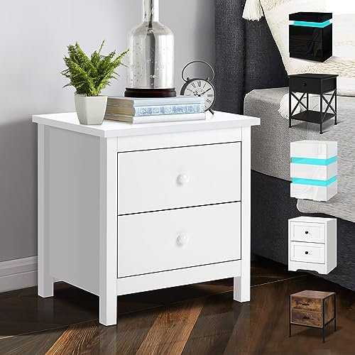 ELFORDSON White Bedside Table with 2 Drawers, Wooden Side Table, Wooden Nightstands Storage Unit for Living Room Bedroom Sofa Side, White