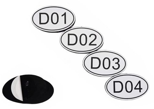 NanTun 50er-Pack Weiße ovale Schließfachschilder mit Tischnummern – 30 mm x 50 mm ABS-Kunststoff mit gravierten Zahlen – D01 bis D50