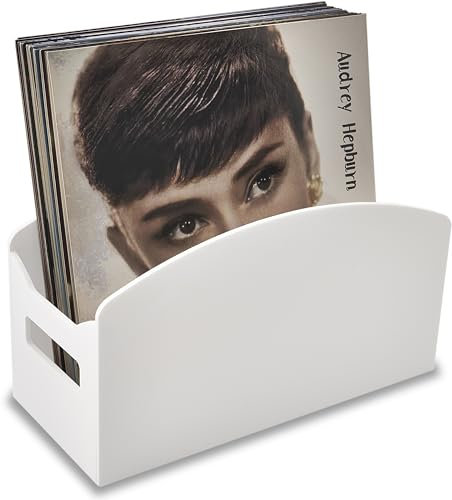 Meicloud White Acrylic Record Holder - Modern Vinyl Record Storage Box, LP Record Organizer, Clear Lucite Record Case with Handles, Album Record Display Bin, Holds up to 35-45 Records