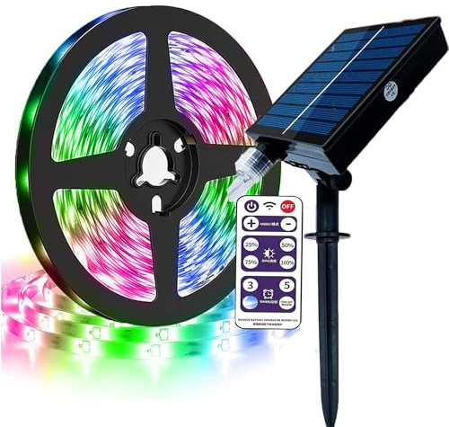 SUAVER Solar LED Streifen Außen Wasserdicht LEDs Strip Lichter Dimmbar Solar Lichterkette mit Fernbedienung Timer USB Ladeanschluss,Selbstklebend Lichter Band Dekor (Mehrfarbig, 5m 150LED)