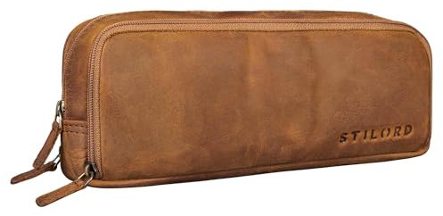 STILORD 'Flo' Leder Federmäppchen Groß echtes Rindsleder Mäppchen Vintage Pencil Case Stifte-Etui Retro Schlampermäppchen mit 3 Reißverschlüssen, Farbe:tan - Dunkelbraun