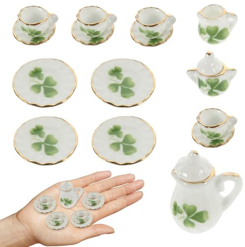 GUOYOU 1:12 Dollhouse Ceramic Tea Set 15 Pack Mini Porcelain Flower Tea Cup Set Dollhouse Accessories Kitchen Miniature Simulation Furniture Set Model for Baby Boy Girl Dollhouses