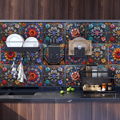 Mosaikfliesen Türkis Blume Kaffee Fliesenaufkleber PVC Hitzebeständig Klebefliesen Küche Bad Wasserdicht Tile Sticker Ölfest Selbstklebende Fliesen Badezimmer Küchenrückwand 15x15cm/20 Pcs