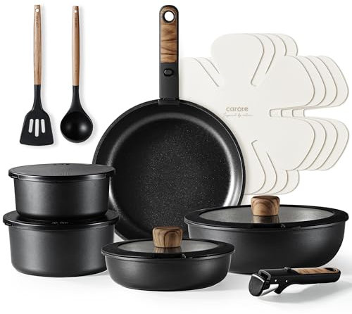 CAROTE Juego de ollas con asas extraíbles, juego de sartenes de 17 piezas, utensilios de cocina antiadherentes, juego de ollas para inducción, horno y lavavajillas, ahorro de espacio, libre de PTFE