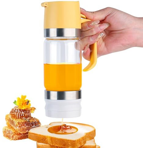 bssmmai Dispenser Miele Vetro Antigoccia, Dispenser Miele Squeeze a Pompa, Dosatore Miele 300ml, Porta Miele (Giallo)