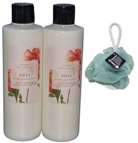 M & S Rose Scented Hand & Body Lotion Twin Pack 250Ml - Moisturising With Free Beauty Body Puff(Any Colour)
