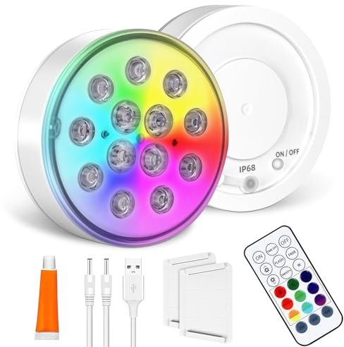 vsshe Luci Piscina, 2 Pezzi Ricaricabile LED Sommergibili Luci, IP68 Impermeabile Lucis Subacquee Con Telecomando, 16 Colori Luce LED Sommergibili Luce Piscina RGB, per La Cerimonia Nuziale/Piscinas