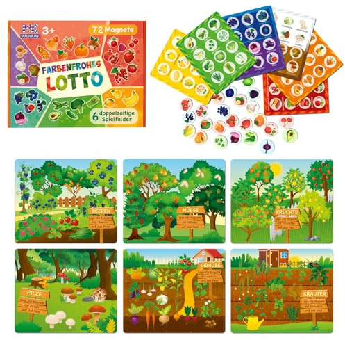 MAGNIKON Bingo Spiel für Kinder ab 3 Jahren, Farben Lernen, Lotto Spiel | Memory Kinderspiel, 72 Magnete, 6 Doppelseitige Spielfelder, Bilderlotto Obst und Gemüse, Kinderbingo, Lernspiel ab 3 Jahre