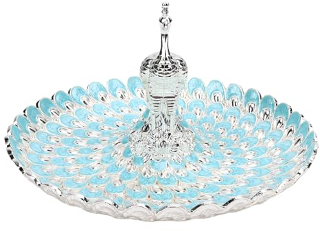 KKPLZZ Peacock Fruit Tray, Zinc Alloy Metal Serving Platter for Home Decor,Decorative Display Tray for Fruits Bread Snacks Cakes Cookies (Silver Light Blue)