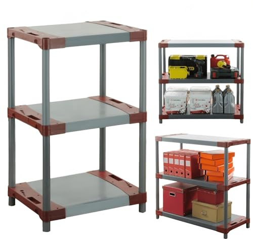 MODO24 Kunststoffregal Jupiter 98x90x46 cm, 3 Ablagen à 120 kg, Lagerregal aus Kunststoff für Keller, Garage, Vorratsraum, Werkstatt, Kellerregal, Steckregal modular, Plastikregal, Farbe: Rot