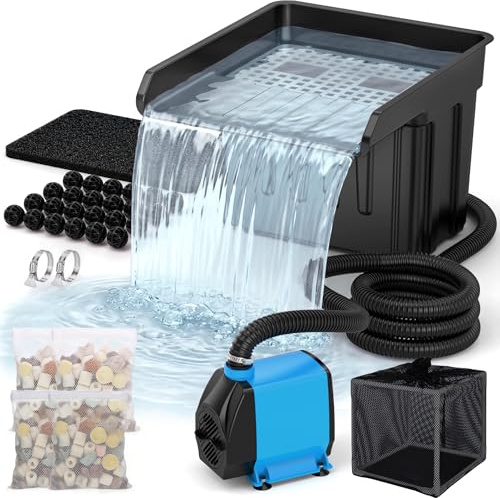 Pond Waterfall Spillway Kit, Pond Waterfall Filter with 3700L/h Quiet Pond Pump & Filter Cage, 4m Corrugated Tubing, Filter Media for Outdoor Ponds up to 11300L