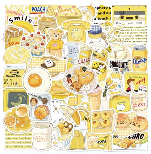 Gelbe Kawaii Aufkleber Set Suesses Food Coffee Dessert Sticker Pack Klebesticker Sammelbilder Vinylaufkleber Tagebuch Dekoration Journaling Scrapbook Laptop Flasche Handy