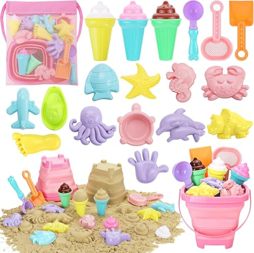 KAHEIGN Jouets de Plage Glace, Château de Sable Jouet de Sable Glace avec Seau Pliable Pelles Sac en Filet, Jouets de Voyage pour Tout-Petits Enfants Bébés Garçons Filles 3-10 Ans