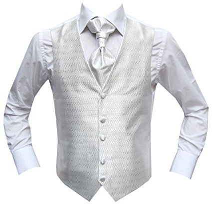 MMUGA Hochzeitwesten Set mit Plastron Wellenmuster Weiß 44