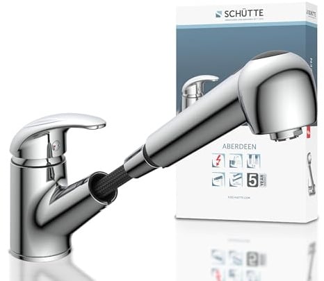 SCHÜTTE 33379 ABERDEEN Niederdruck-Küchenarmatur mit ausziehbarer Geschirrbrause, Wasserhahn für die Küche mit Anti-Nachlauf-Funktion, Mischbatterie mit Einhebelmischer, Spültischarmatur, Chrom