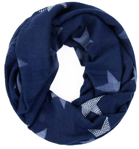 Glamexx24 Loop schal leichter Langschal Sterne Muster Schlauchschal Strass Tuch Viele Farben SC20170401, Blaujeans, Einheitsgröße