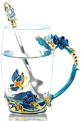 Tasse à thé Mug à café en verre Poignées Décoration en émail Cuillère pour mariage fête ami Cadeau