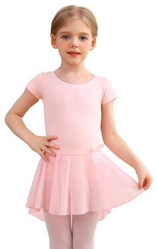 MDNME Girls' Short Sleeve Skirted Leotard with Bow Waist (4-6 / Small, Ballet Pink)