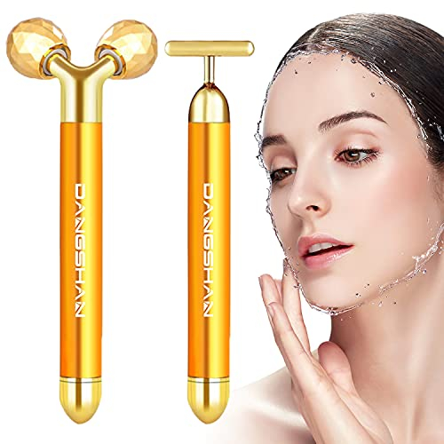 2-IN-1 Beauty Bar 24k Golden Massagegerät für das Gesicht, T-förmiges und 3D Rolle Gesichtsmassagegerät Hautpflege-Tools