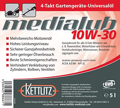 5 Liter Mineralisches Hochleistungsmotorenöl KETTLITZ-Medialub 10W-30 Ganzjahresöl für 4-Takt Motoren, Gartengeräte